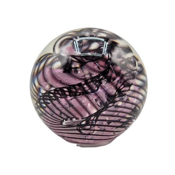 Handcrafted Blown Glass Paperweight Purple Black Swirl Round Artist Signed - Picture 1 of 7